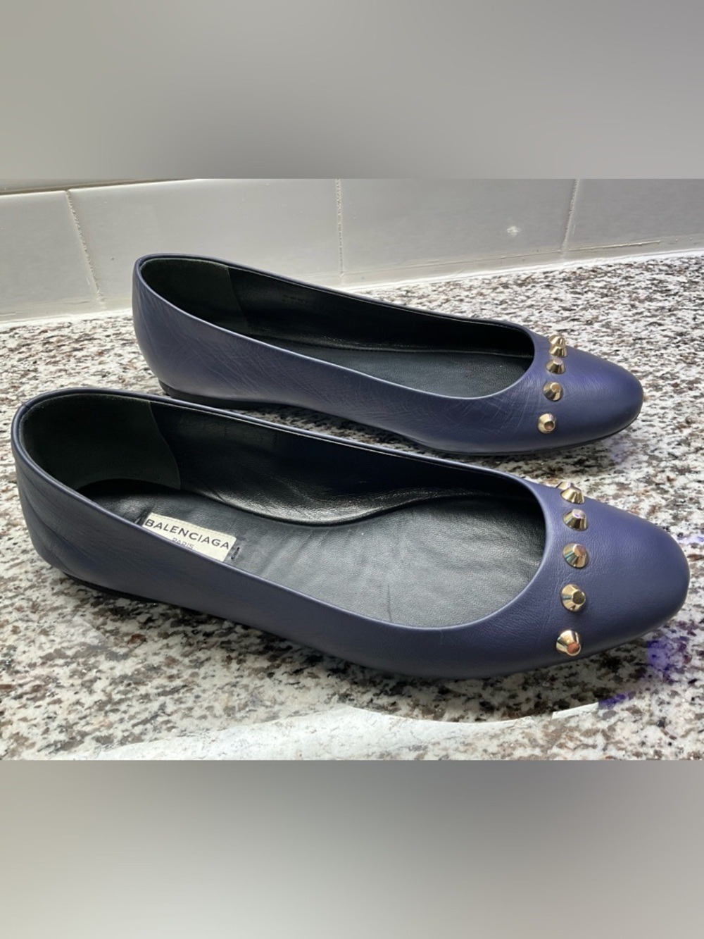 Balenciaga Navy Blue Leather Studded Ballerina Flats 37.5 Gold Hardware - Picture 5 of 8
